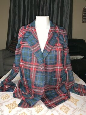 Women’s Plaid Open-Front Blazer Jacket in Red & Blue
